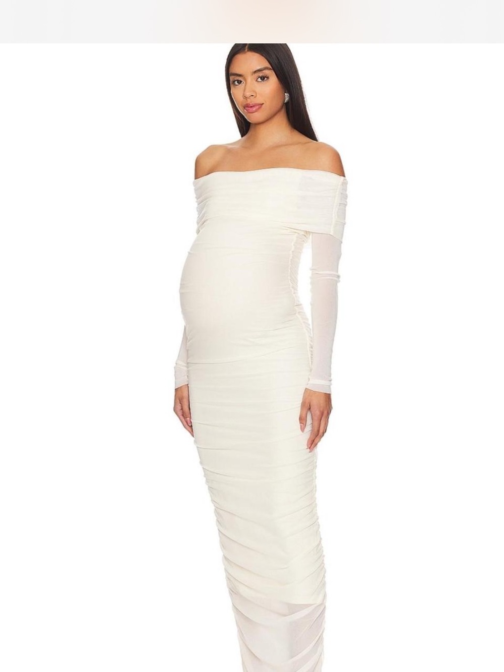 Off-Shoulder White Ruched Maternity Maxi Dress